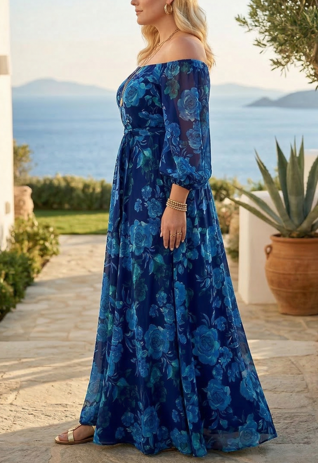 Aisha - Floral Print Off-the-Shoulder Long Dress