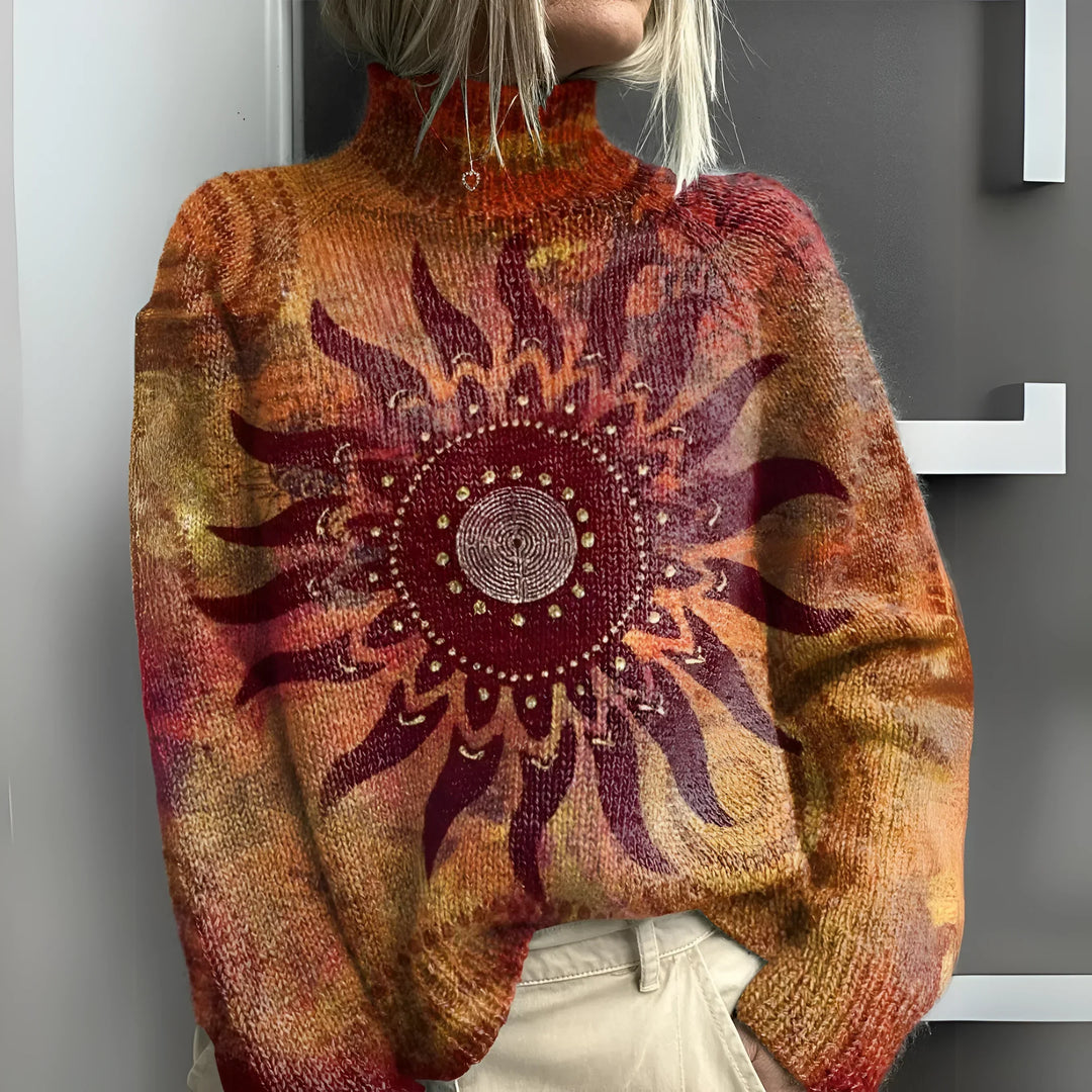 Harlow - Cozy Knitted Turtleneck Sweater Featuring Tribal Sun Design