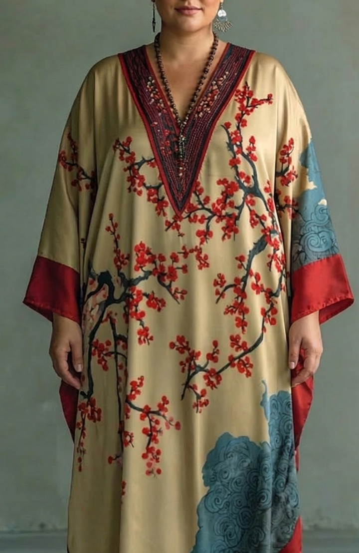 Nadia | Maxi Dress with Batwing Sleeves and Japanese Red Plum Blossom Print