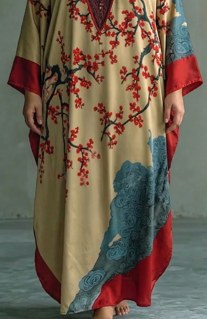 Nadia | Maxi Dress with Batwing Sleeves and Japanese Red Plum Blossom Print