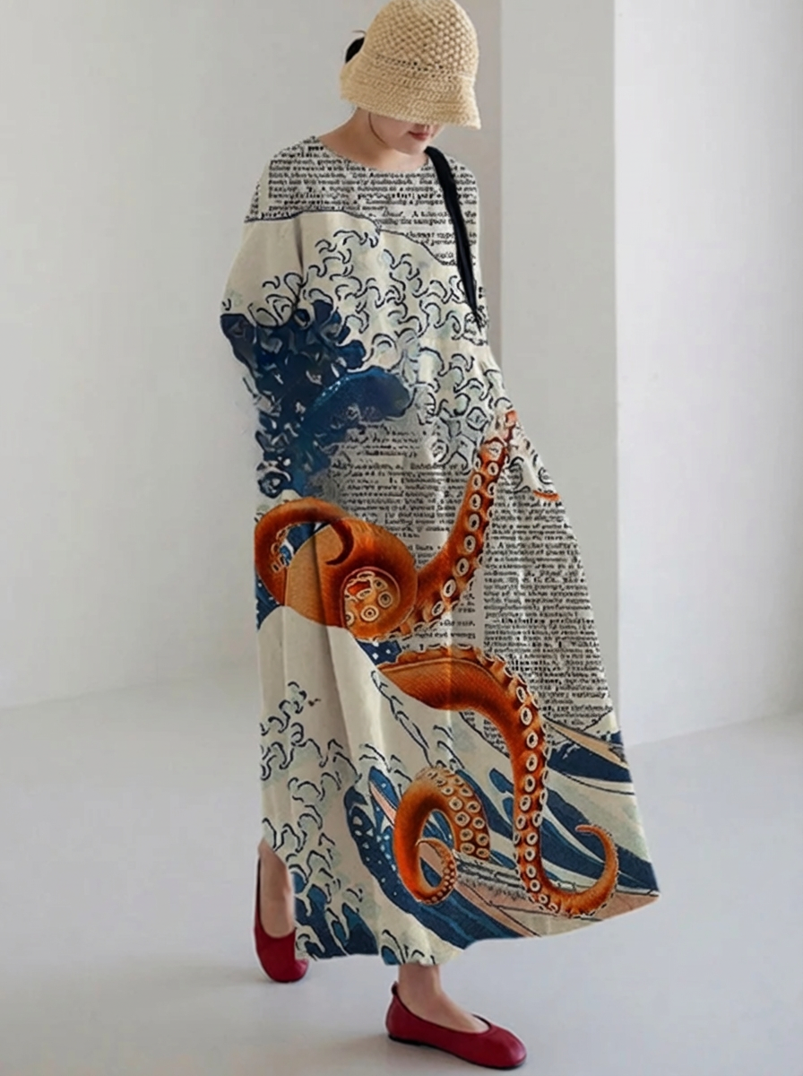 Dahlia | Long Sleeve Midi Dress with Casual Japanese Octopus Print