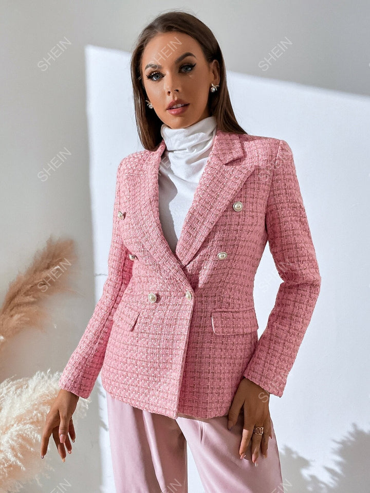 Zia | Women's Double-Breasted Tweed Plaid Blazer with Notch Lapel
