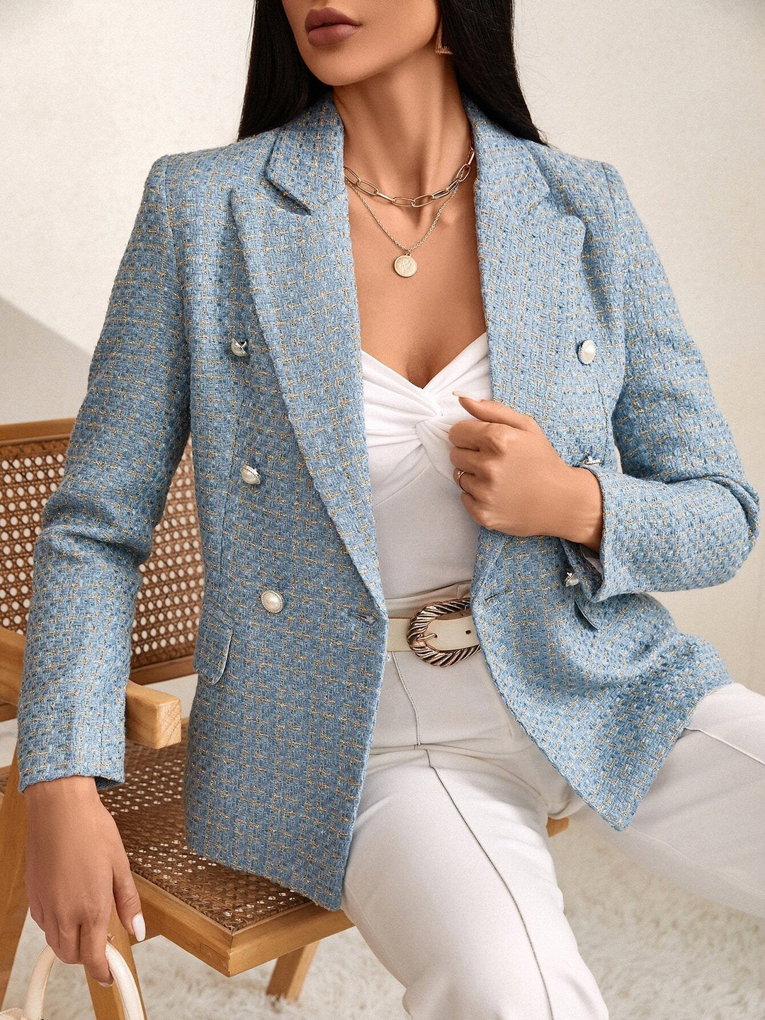 Zia | Women's Double-Breasted Tweed Plaid Blazer with Notch Lapel
