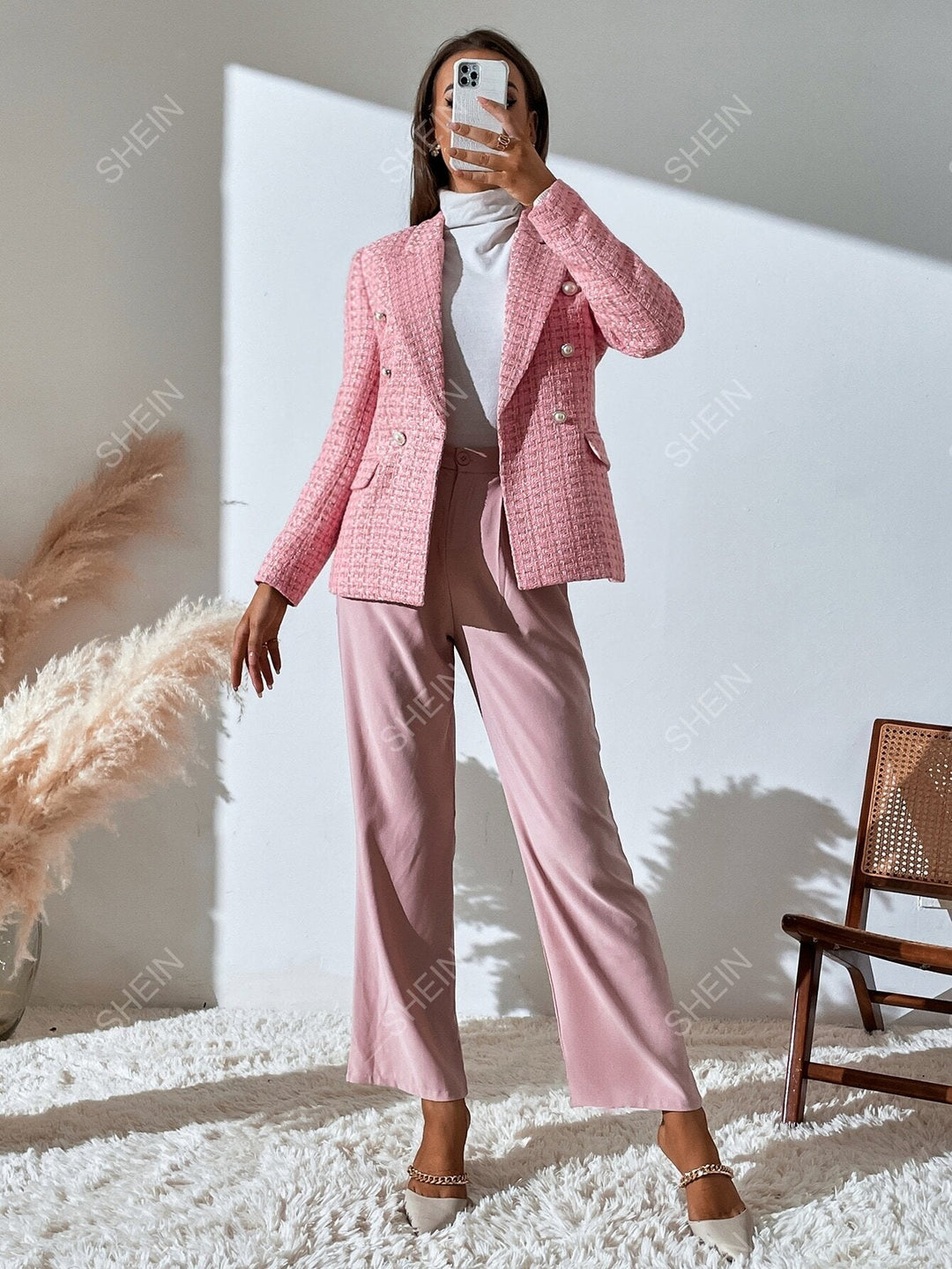 Zia | Women's Double-Breasted Tweed Plaid Blazer with Notch Lapel