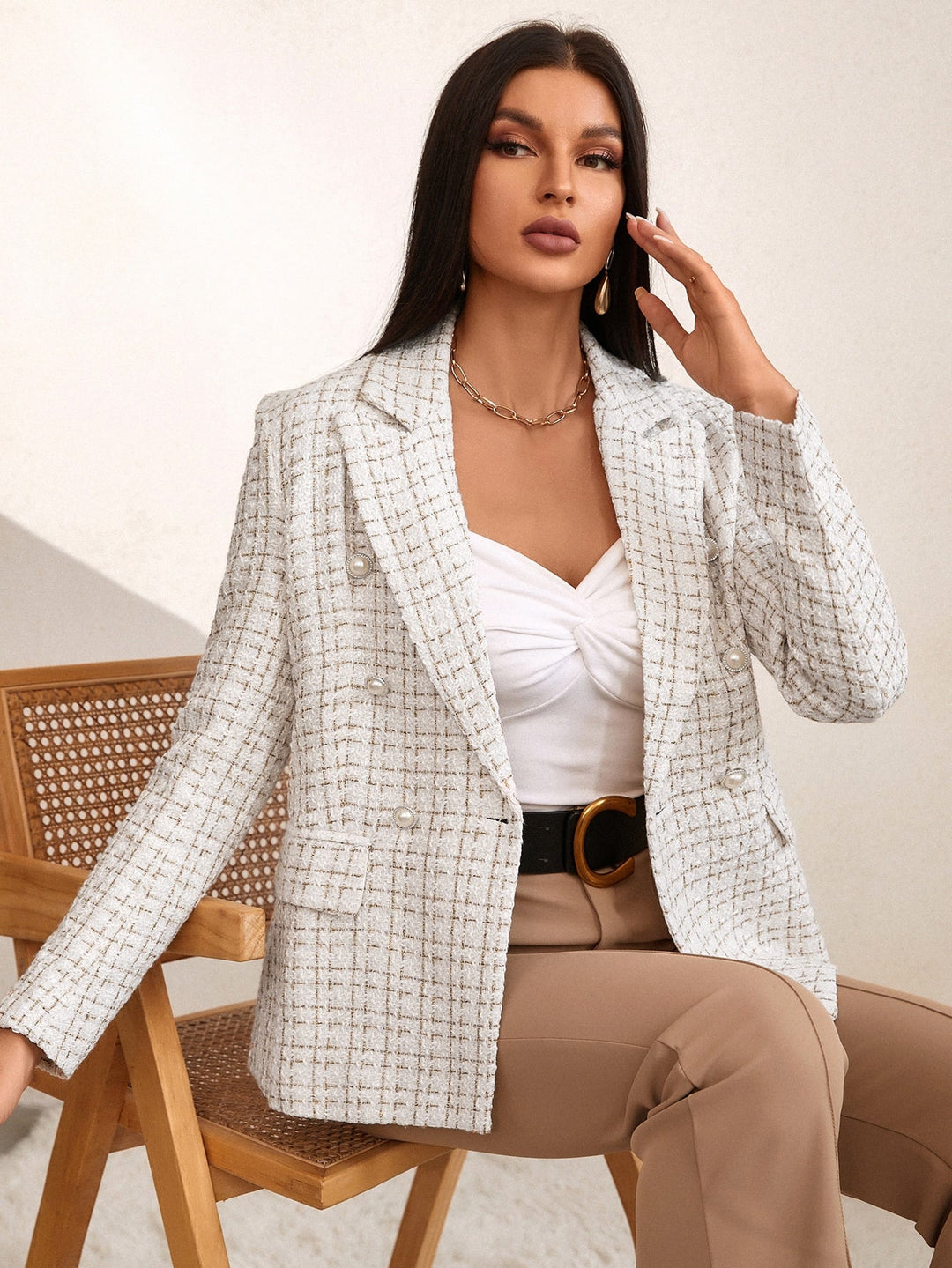 Zia | Women's Double-Breasted Tweed Plaid Blazer with Notch Lapel