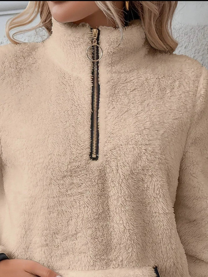 Halina | Women's Fuzzy Half-Zip Pullover Sweater with Stand Collar