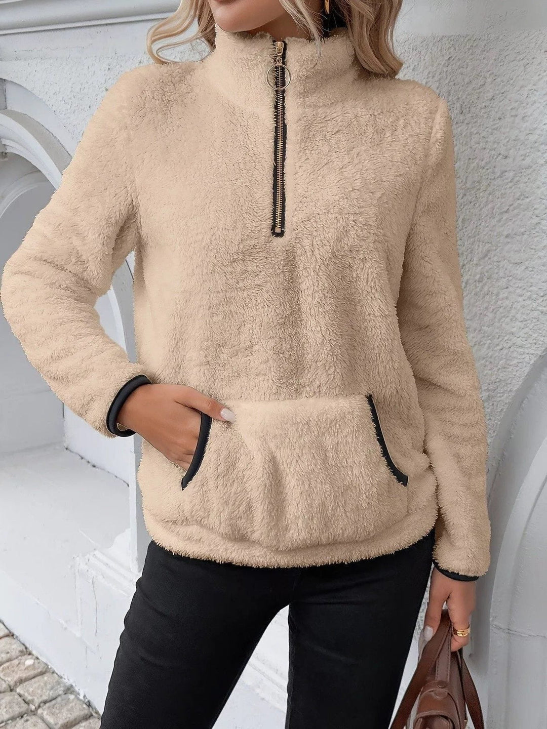 Halina | Women's Fuzzy Half-Zip Pullover Sweater with Stand Collar