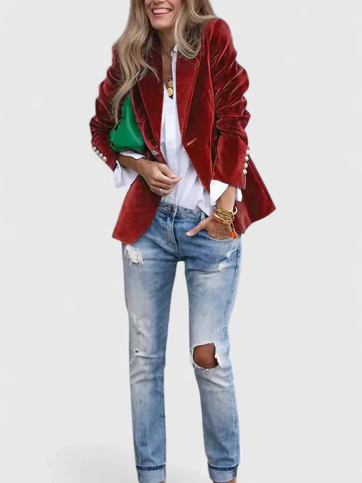 Ottilie | Women's Velvet Blazer with Notch Lapel and Button Closure