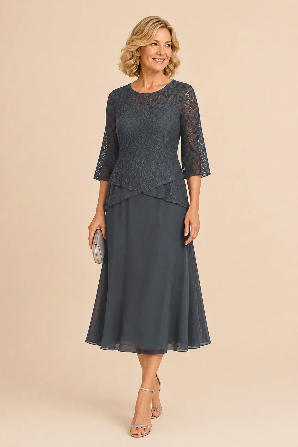 Marleen | Asymmetrical Chiffon Dress with Lace Details