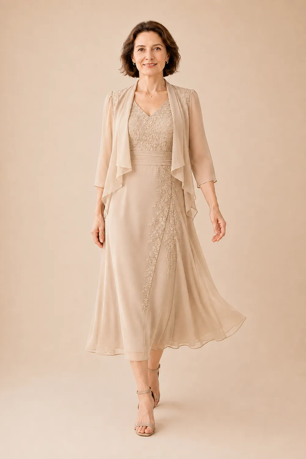 Inge | V-Neck Chiffon Midi Dress with Lace Detail