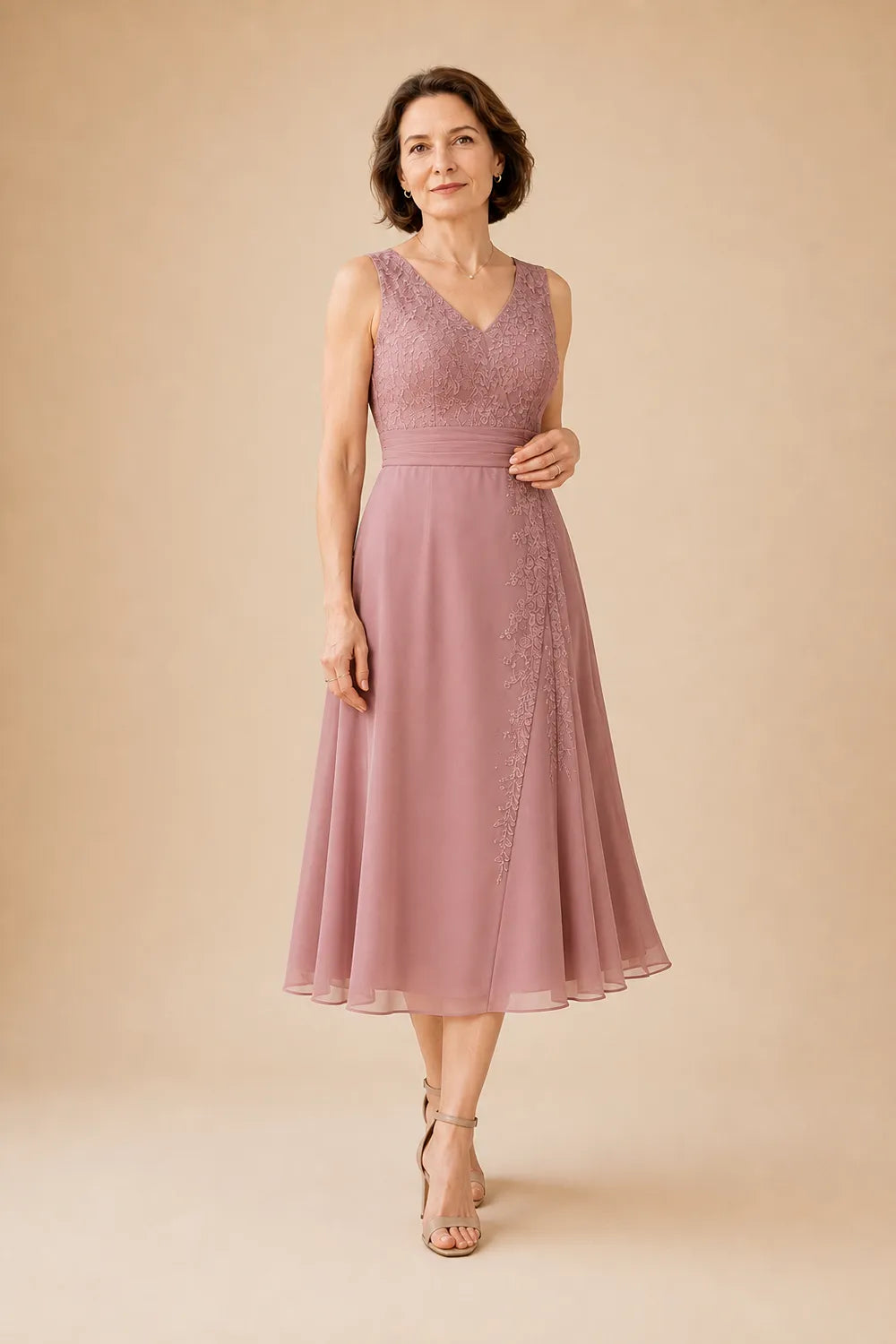 Inge | V-Neck Chiffon Midi Dress with Lace Detail