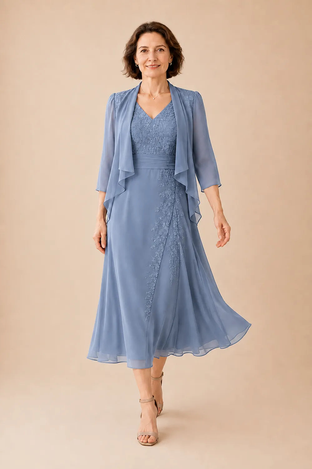 Inge | V-Neck Chiffon Midi Dress with Lace Detail