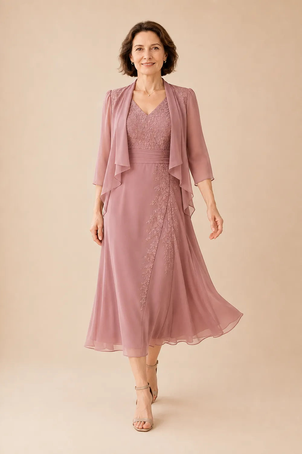 Inge | V-Neck Chiffon Midi Dress with Lace Detail