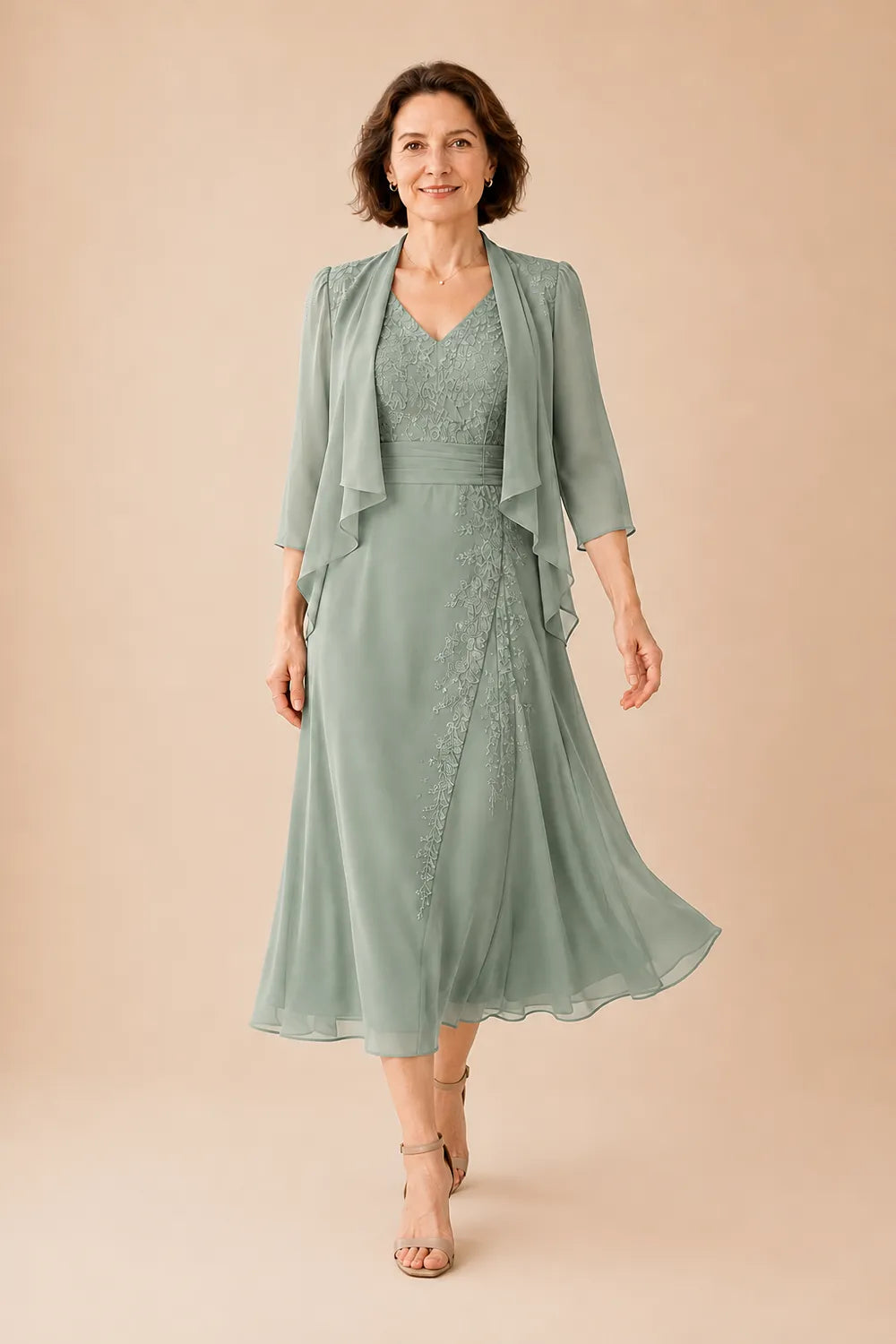 Inge | V-Neck Chiffon Midi Dress with Lace Detail