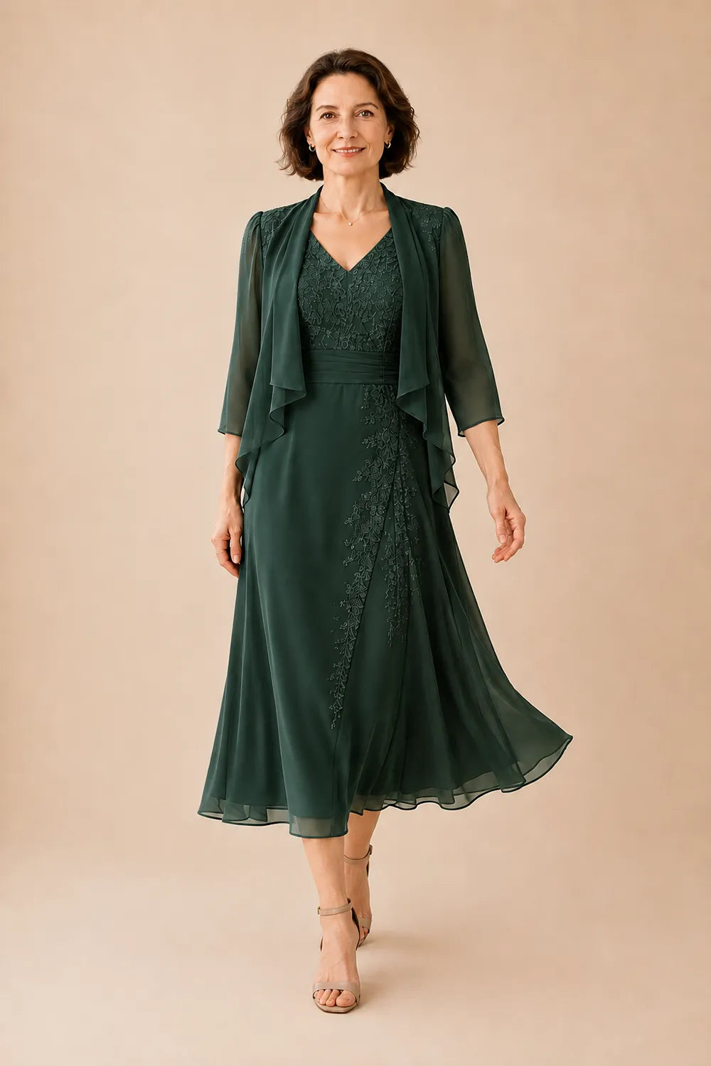 Inge | V-Neck Chiffon Midi Dress with Lace Detail
