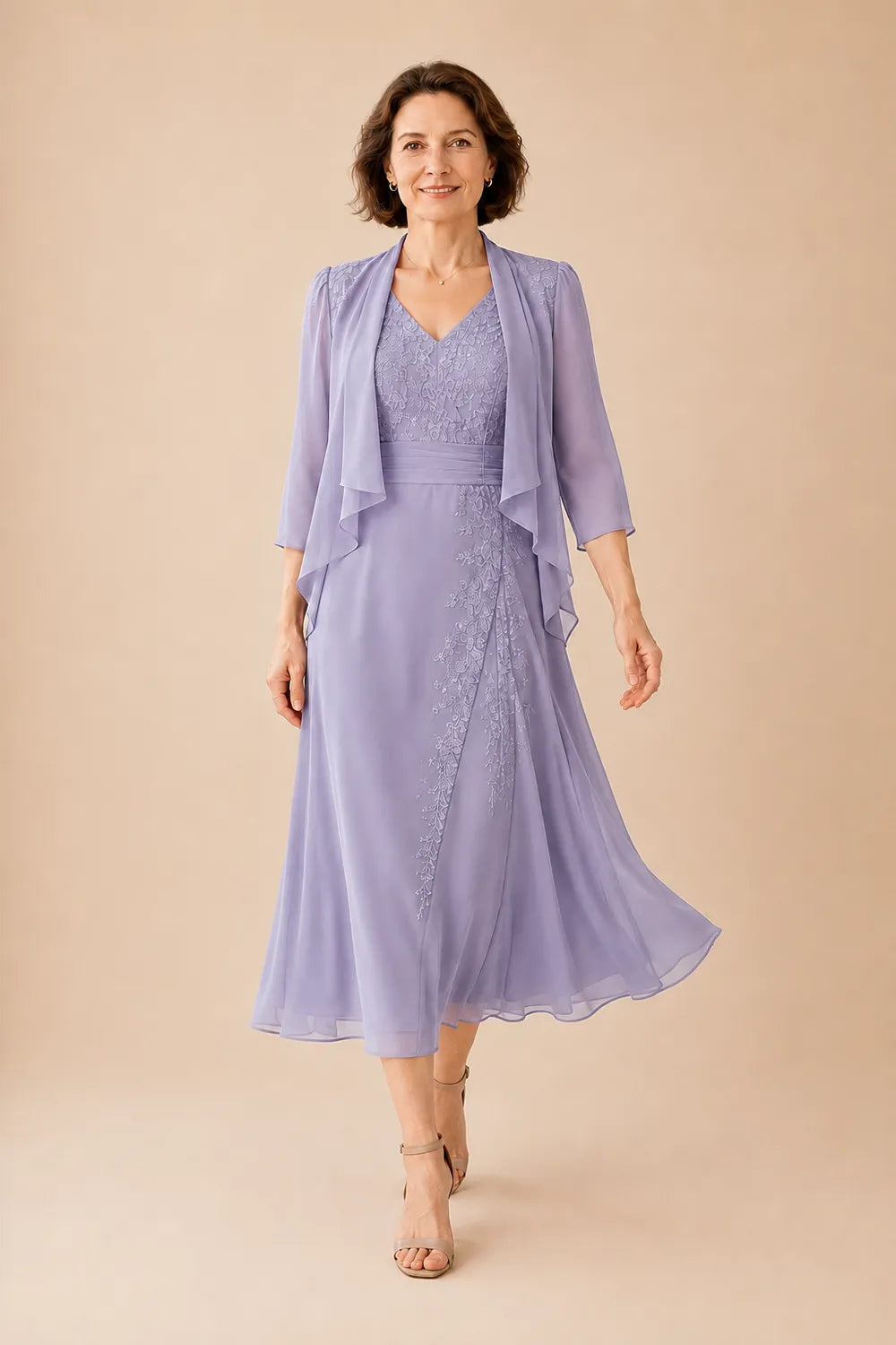 Inge | V-Neck Chiffon Midi Dress with Lace Detail