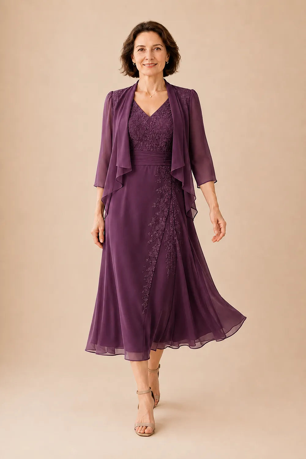 Inge | V-Neck Chiffon Midi Dress with Lace Detail