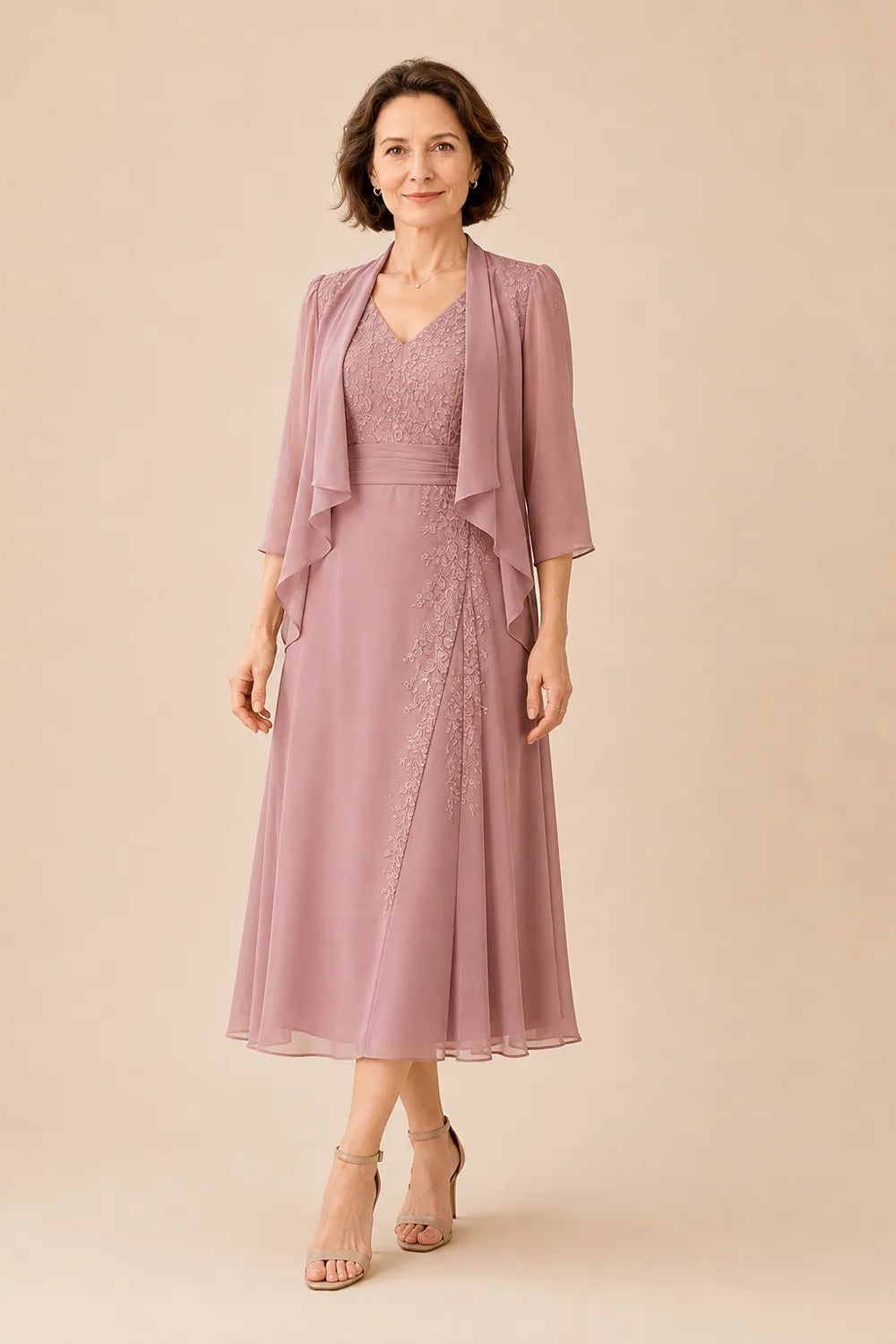 Inge | V-Neck Chiffon Midi Dress with Lace Detail