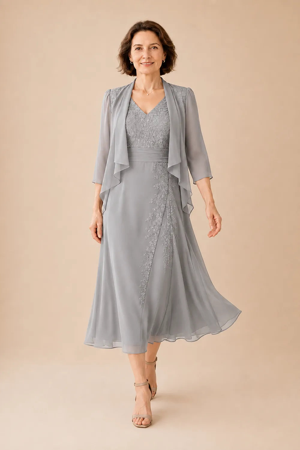 Inge | V-Neck Chiffon Midi Dress with Lace Detail