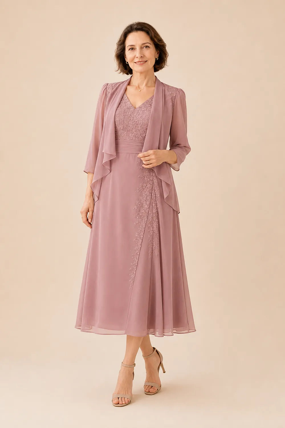 Inge | V-Neck Chiffon Midi Dress with Lace Detail