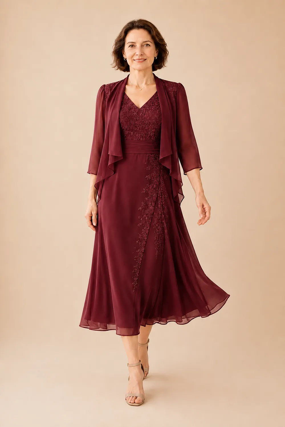 Inge | V-Neck Chiffon Midi Dress with Lace Detail