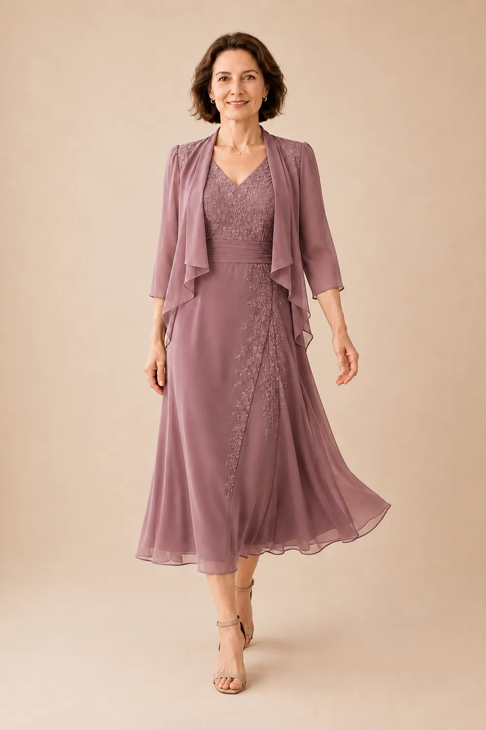 Inge | V-Neck Chiffon Midi Dress with Lace Detail