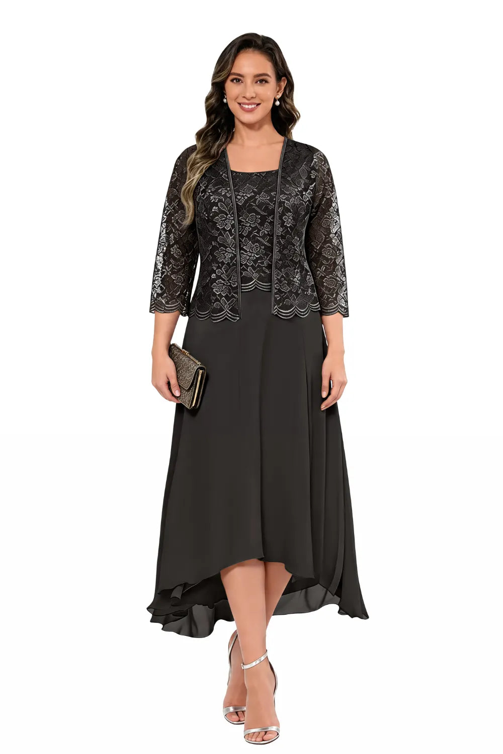 Véronique | Lace Chiffon Midi Dress with Jacket