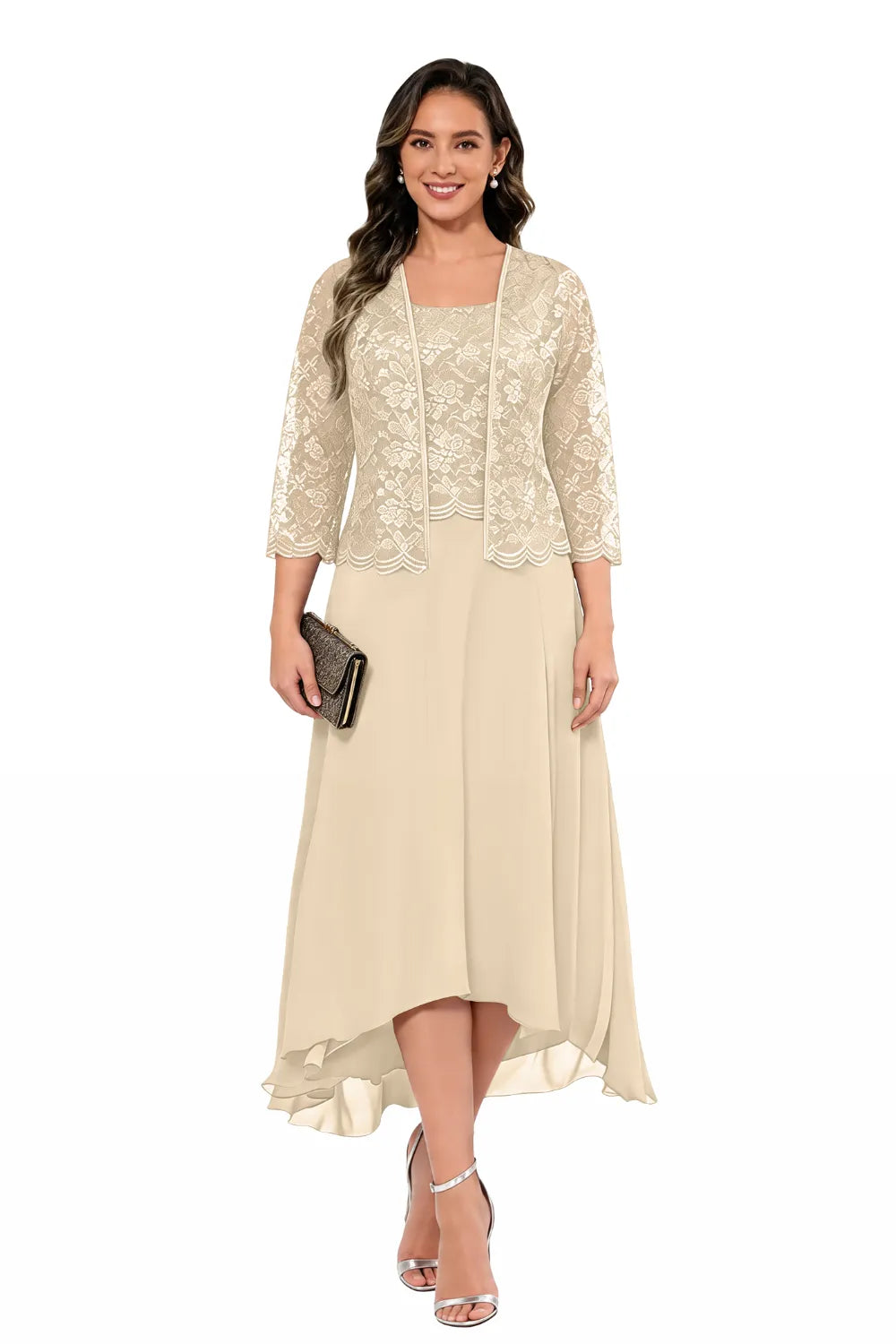 Véronique | Lace Chiffon Midi Dress with Jacket