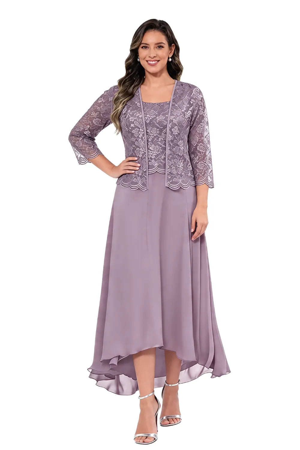 Véronique | Lace Chiffon Midi Dress with Jacket