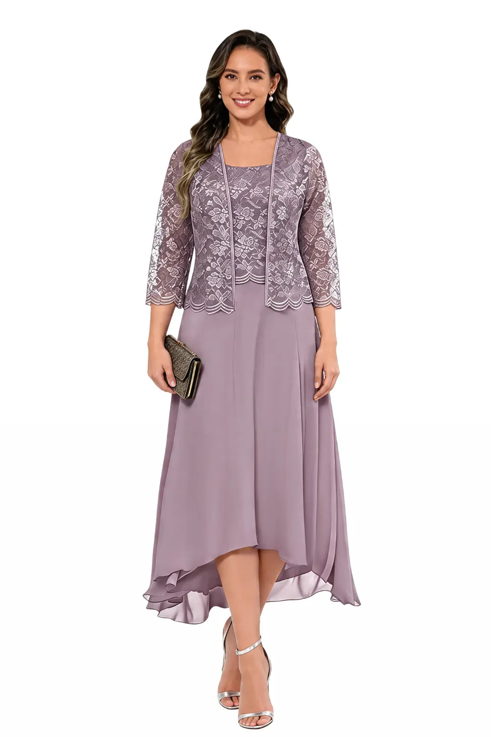 Véronique | Lace Chiffon Midi Dress with Jacket