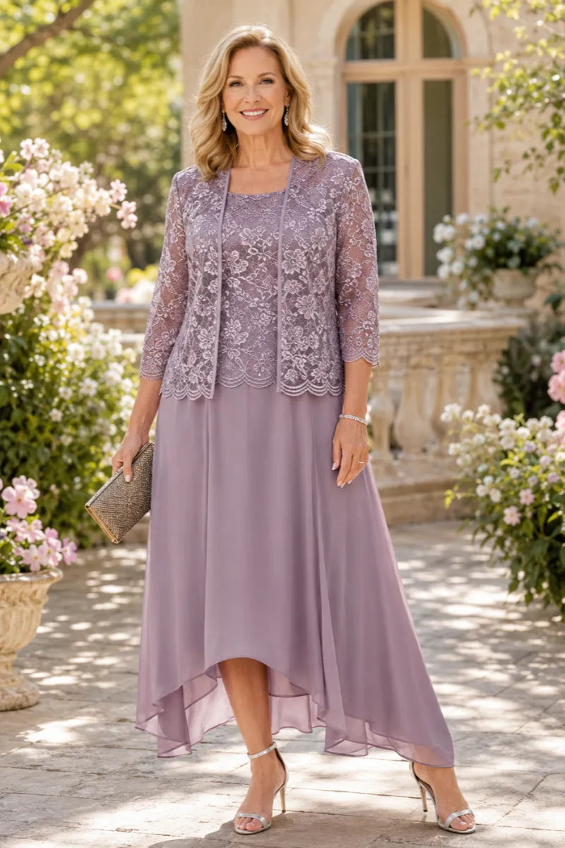 Véronique | Lace Chiffon Midi Dress with Jacket