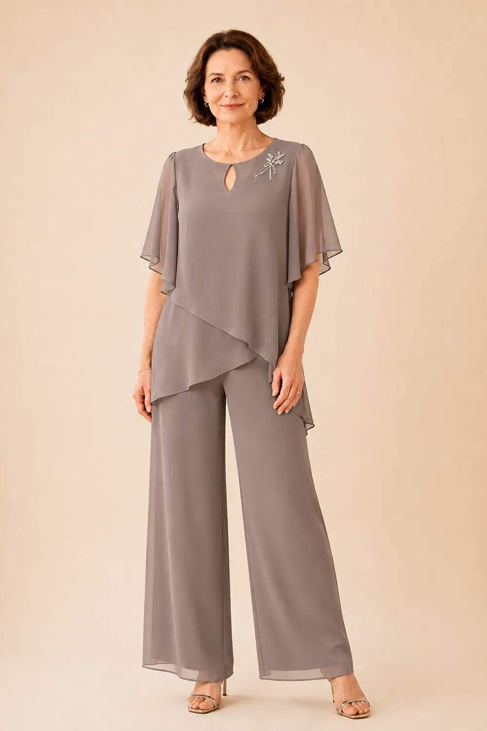 Ria | Chiffon Pantsuit with Keyhole Neckline