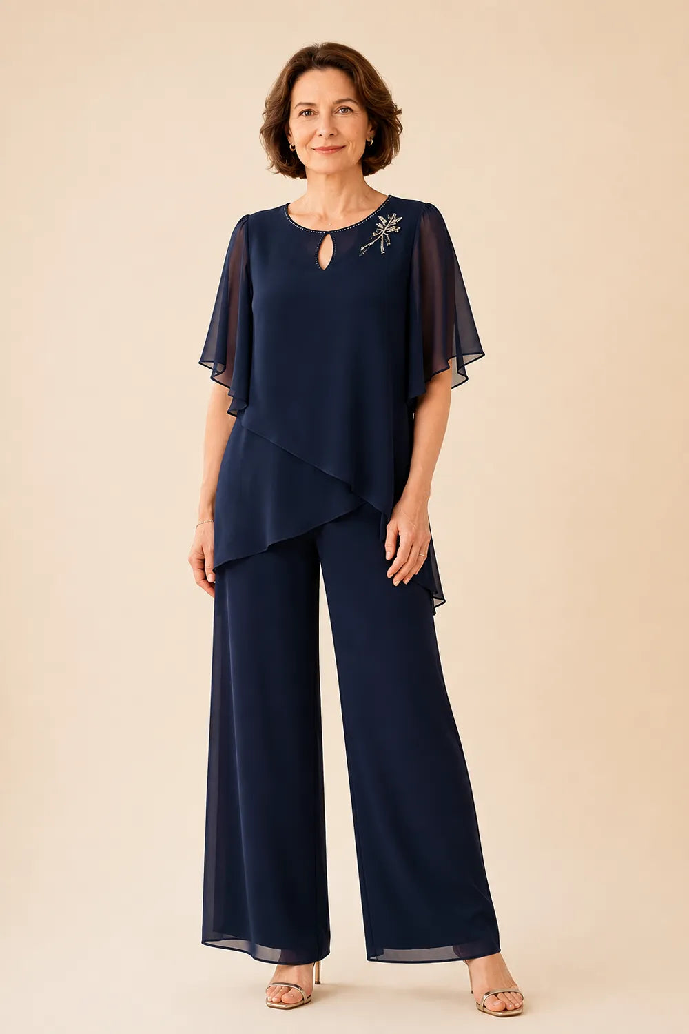Ria | Chiffon Pantsuit with Keyhole Neckline