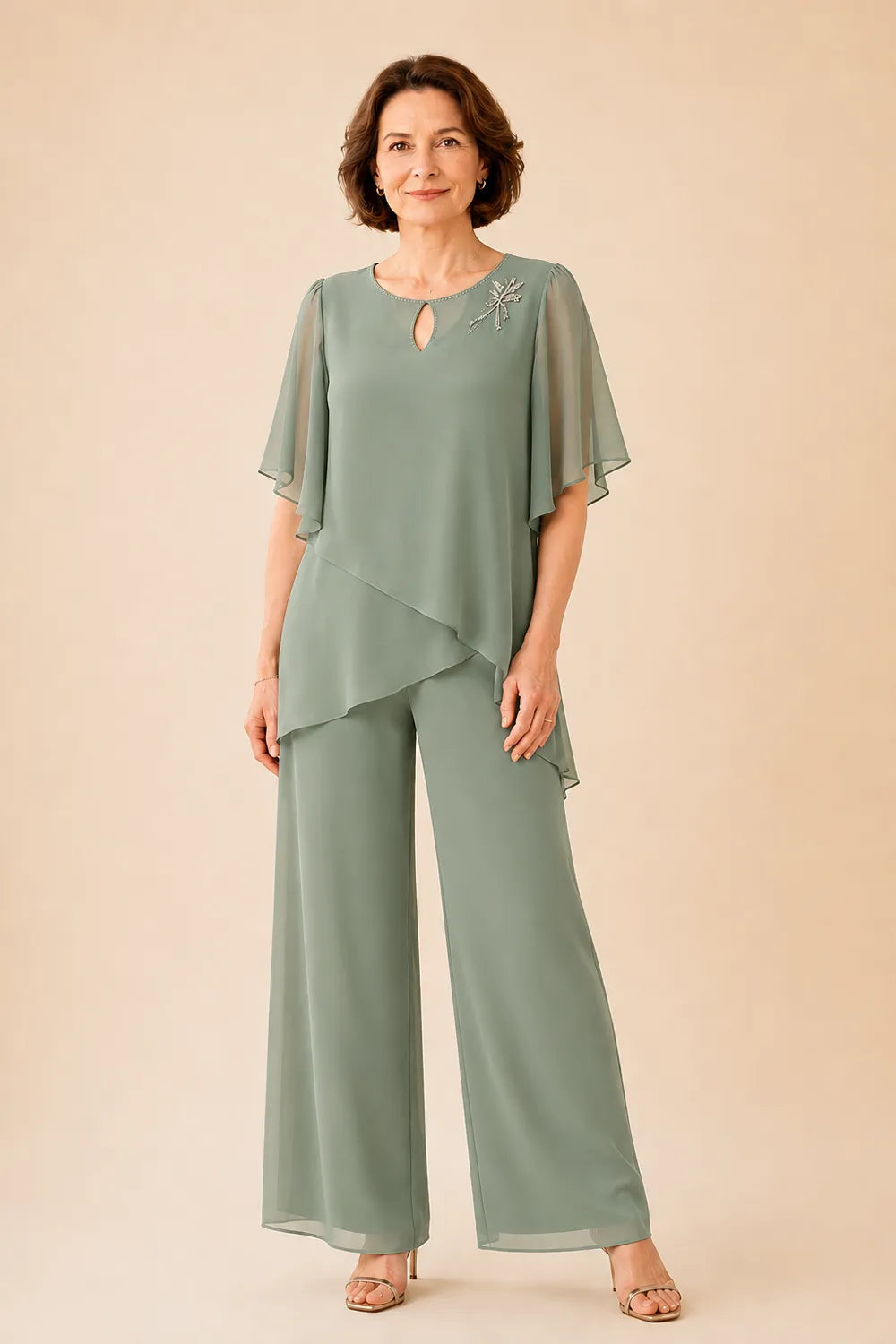 Ria | Chiffon Pantsuit with Keyhole Neckline