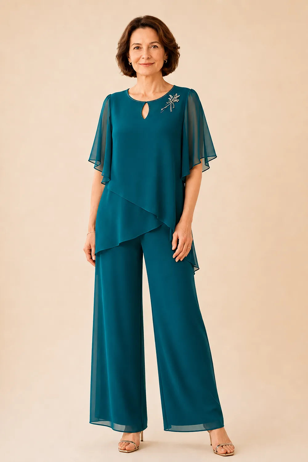 Ria | Chiffon Pantsuit with Keyhole Neckline