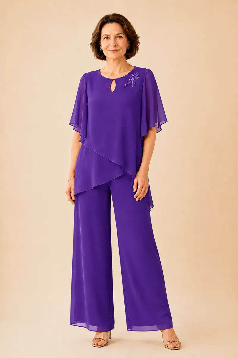 Ria | Chiffon Pantsuit with Keyhole Neckline
