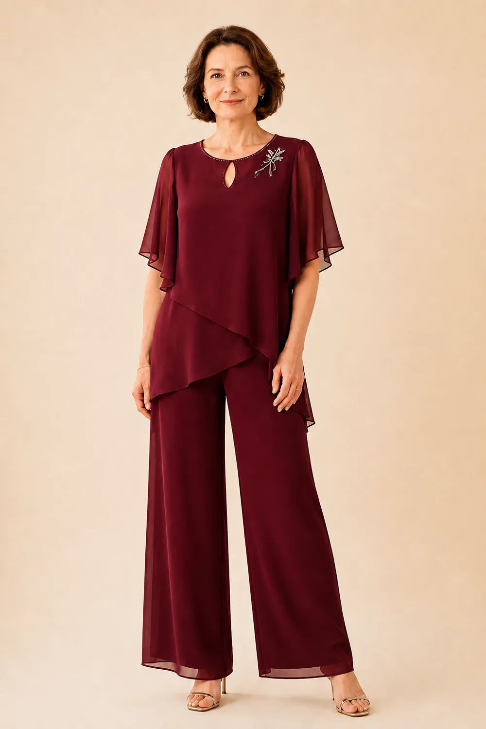 Ria | Chiffon Pantsuit with Keyhole Neckline