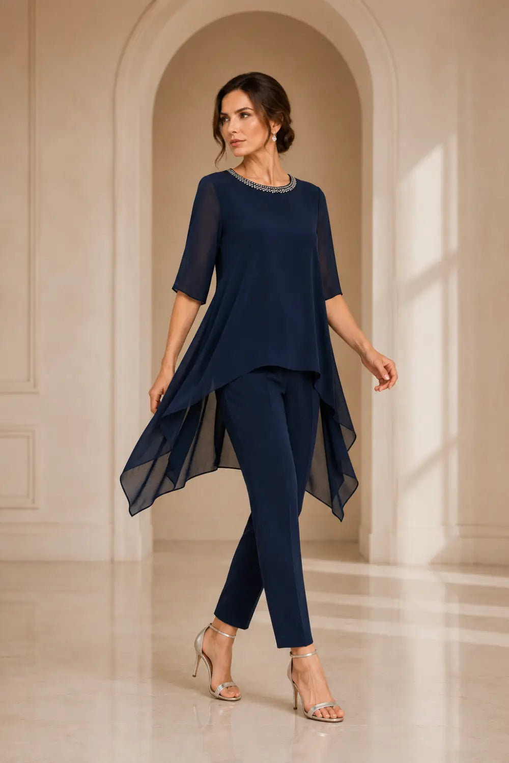 Eline | Layered Chiffon Pantsuit with Capelet