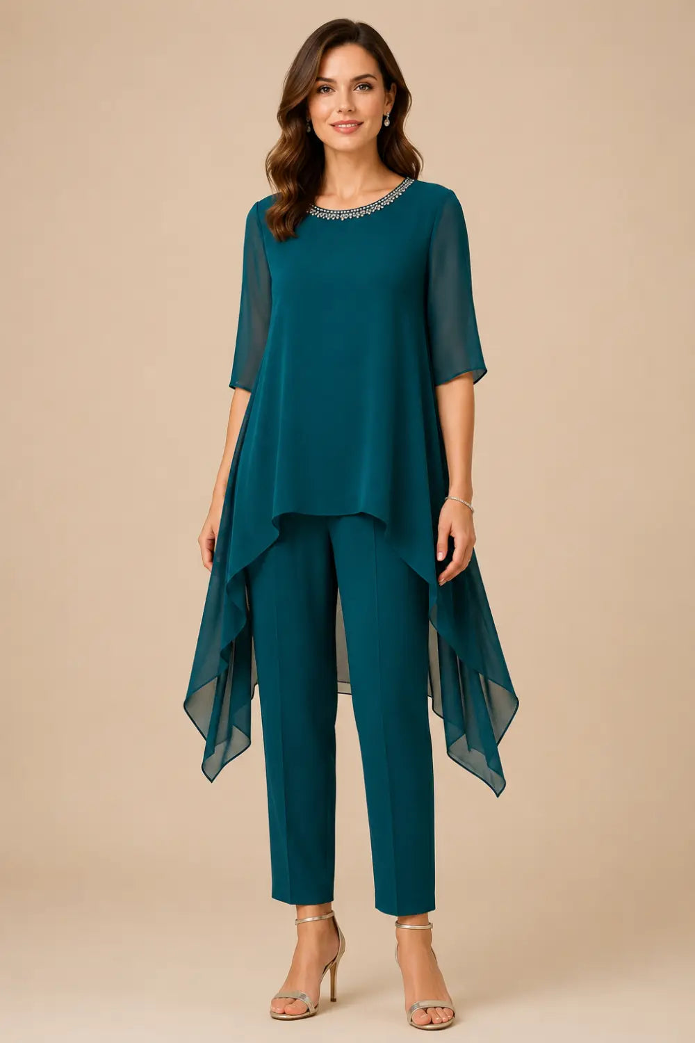 Eline | Layered Chiffon Pantsuit with Capelet