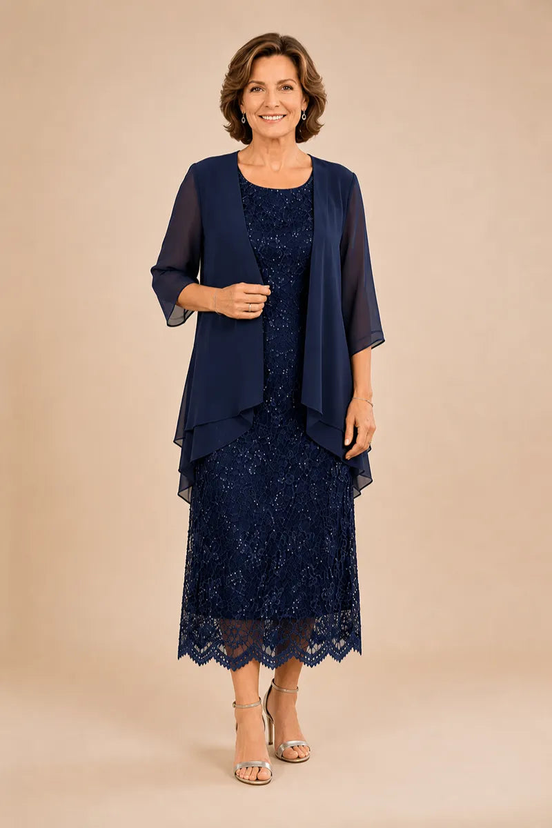 Liesbeth | Formal Lace Midi Dress with Chiffon Jacket