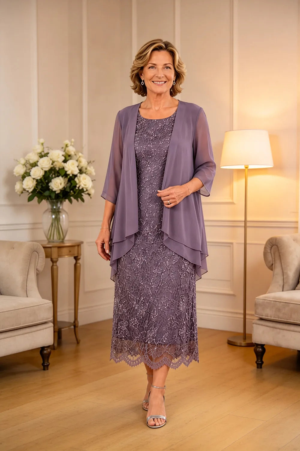 Liesbeth | Formal Lace Midi Dress with Chiffon Jacket