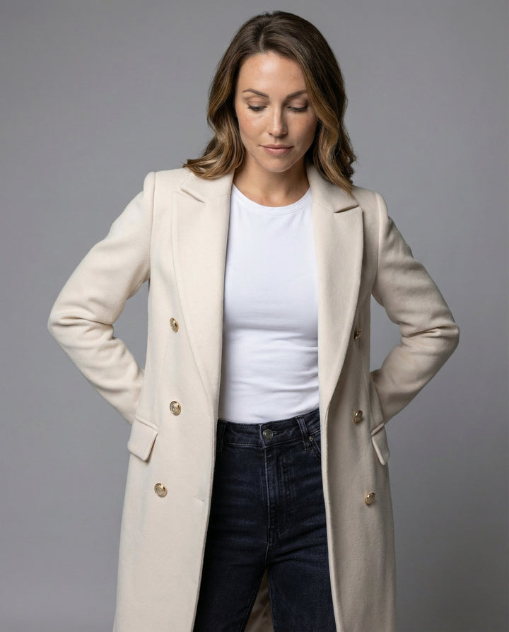 Women's Double-Breasted Wool-Style Coat | Regular Fit | Winter Sleeve Design | Versatile Office and Smart Casual Outerwear