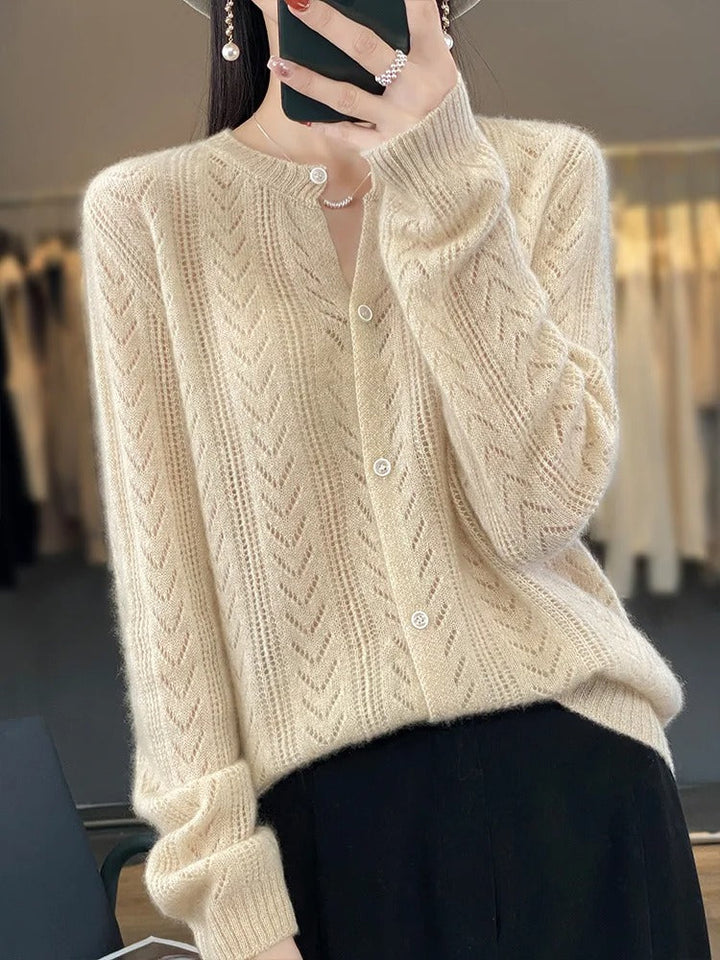 Santorini | Women's Pure Wool Chevron Pointelle Knit Cardigan