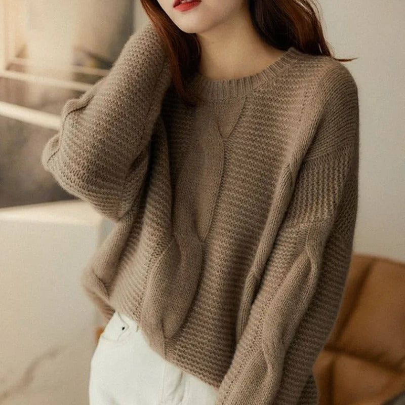 Murcia Women's Cotton Cable Knit Sweater with Ribbed Details