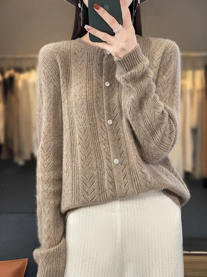 Santorini | Women's Pure Wool Chevron Pointelle Knit Cardigan