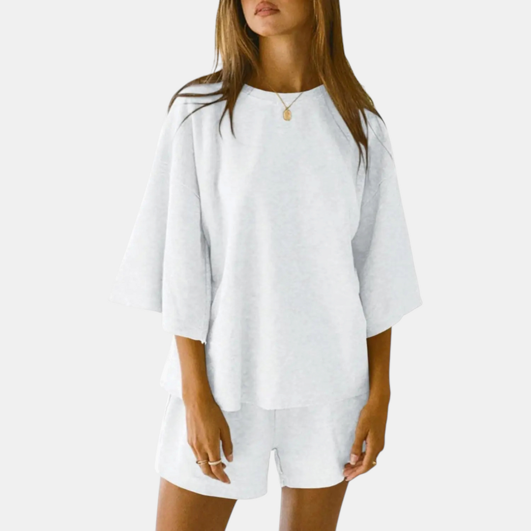 Women's Oversized Lounge Set with Drop Shoulder Top and Mini Shorts