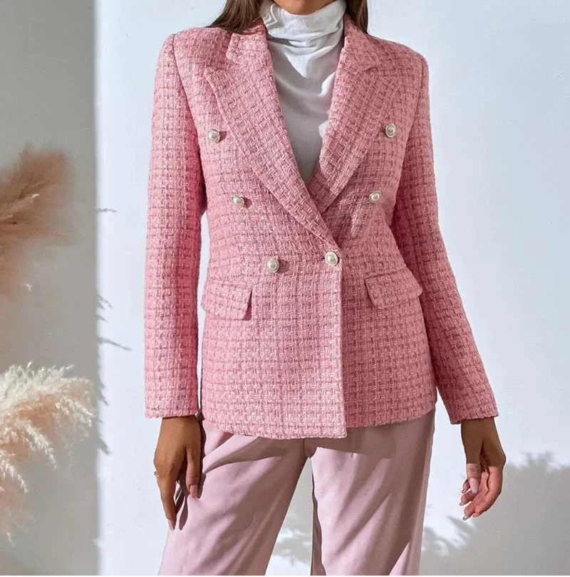 Lorelei | Women's Double-Breasted Plaid Blazer Featuring Pearl Buttons
