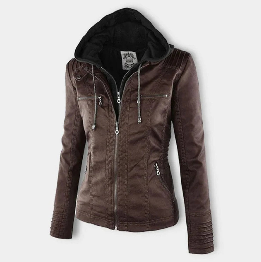 Victoria | Women's Hooded Faux Leather Moto Jacket with Adjustable Drawstring Waist