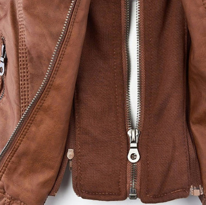 Victoria | Women's Hooded Faux Leather Moto Jacket with Adjustable Drawstring Waist