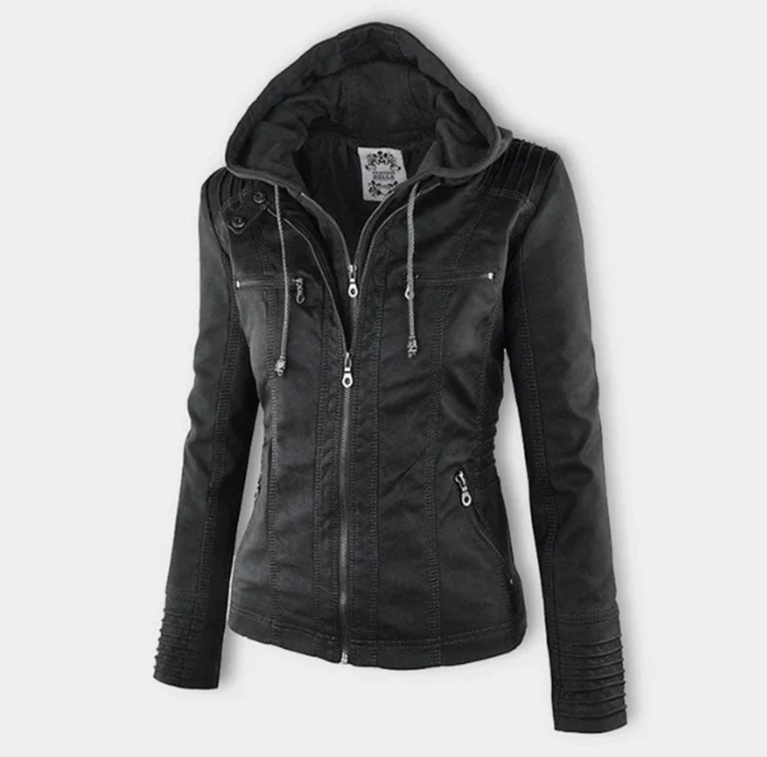 Victoria | Women's Hooded Faux Leather Moto Jacket with Adjustable Drawstring Waist